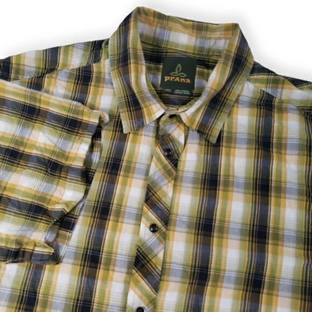 PrAna Mens Large Yellow Plaid Pearl Snap Short Sleeve Shirt‎
